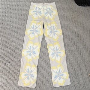 House of Sunny Floral Knit Wide-Leg Pants in Pale Yellow & Light Blue